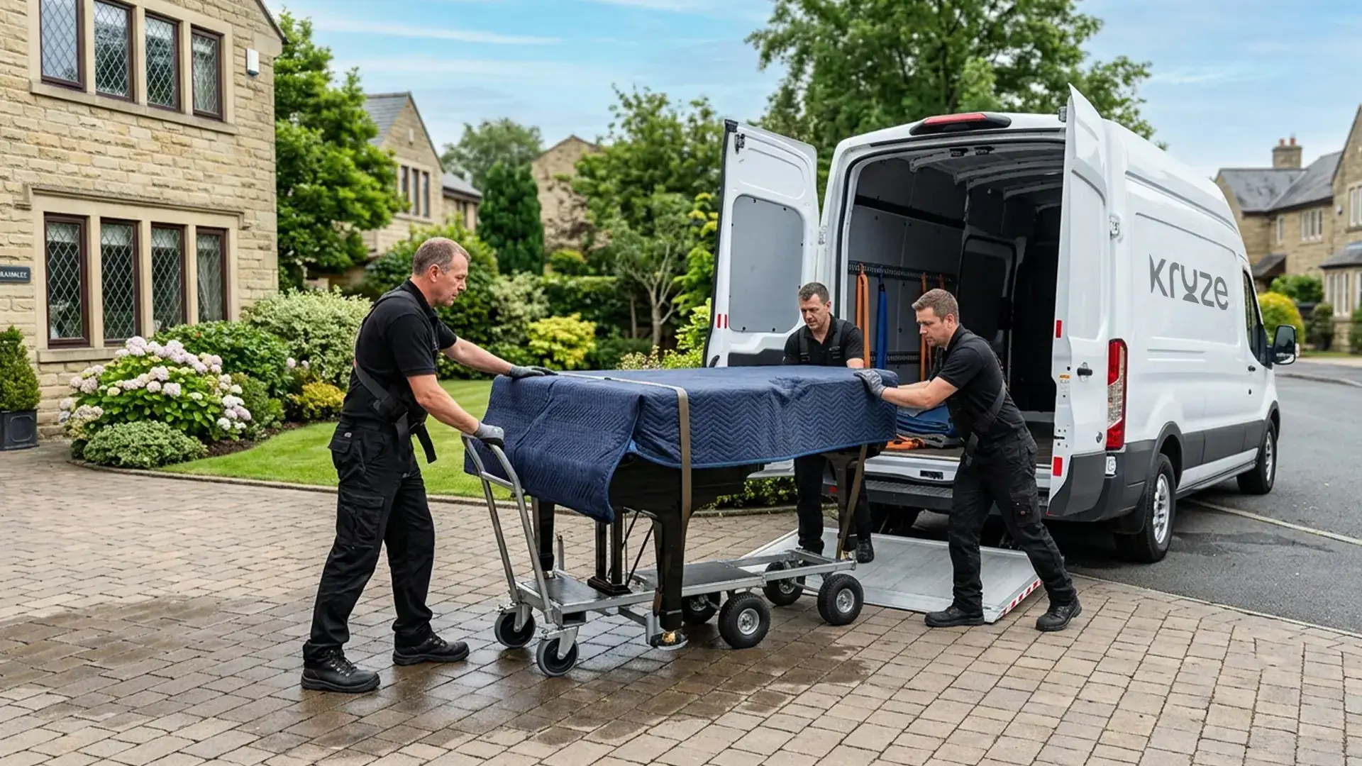 Kruze piano movers carefully moving an upright piano in West Yorkshire