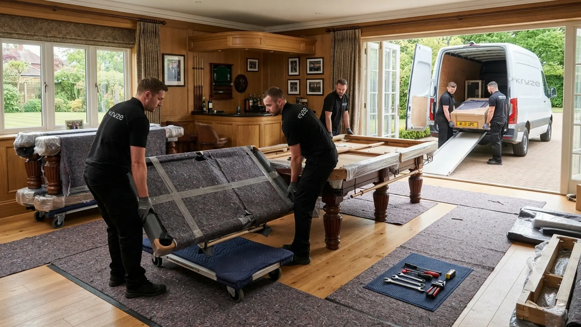 Kruze crew dismantling a slate pool table for removal in West Yorkshire
