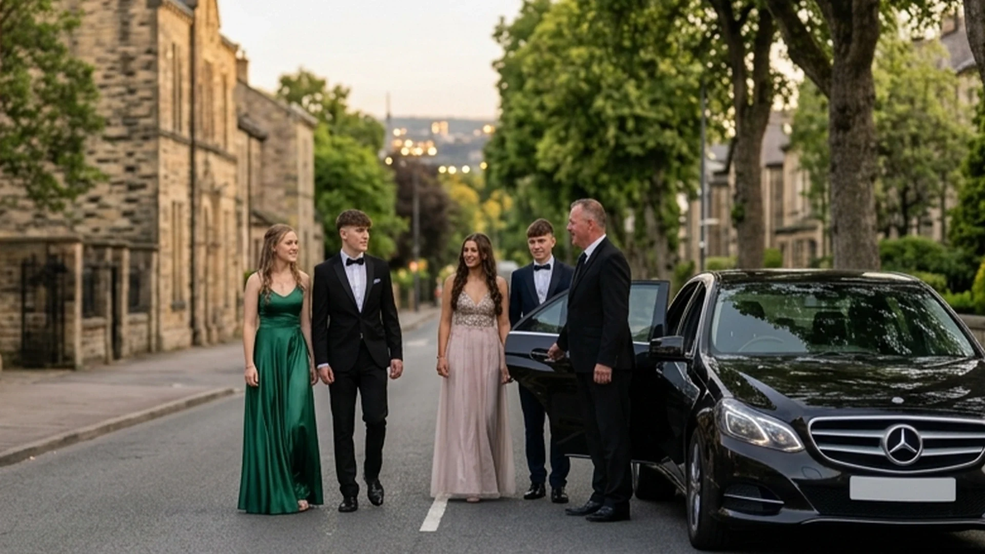 Group of prom guests boarding a Kruze MPV in Leeds