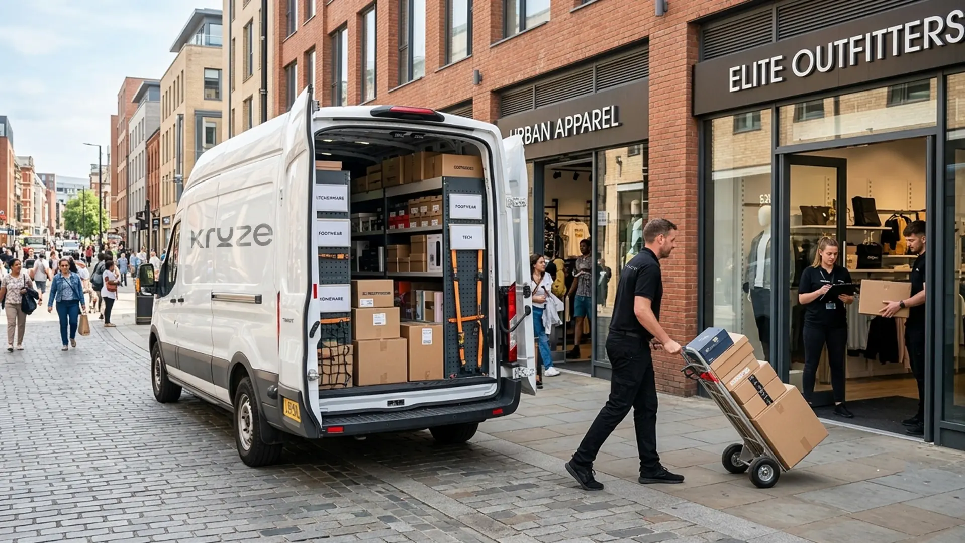 Kruze courier delivering stock to a retail store in Leeds, West Yorkshire