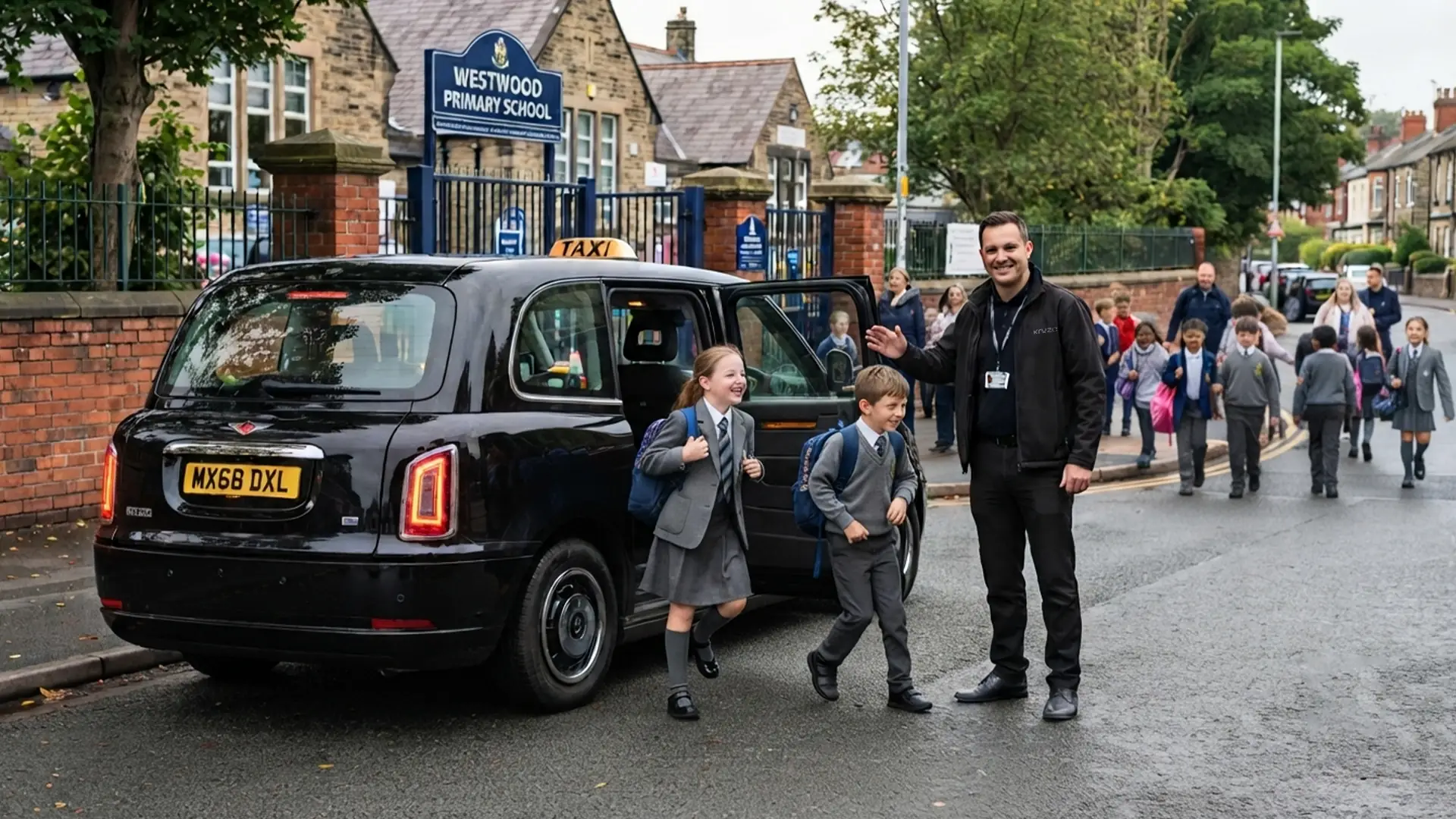 Kruze taxi dropping a student at a school gate in Leeds, West Yorkshire