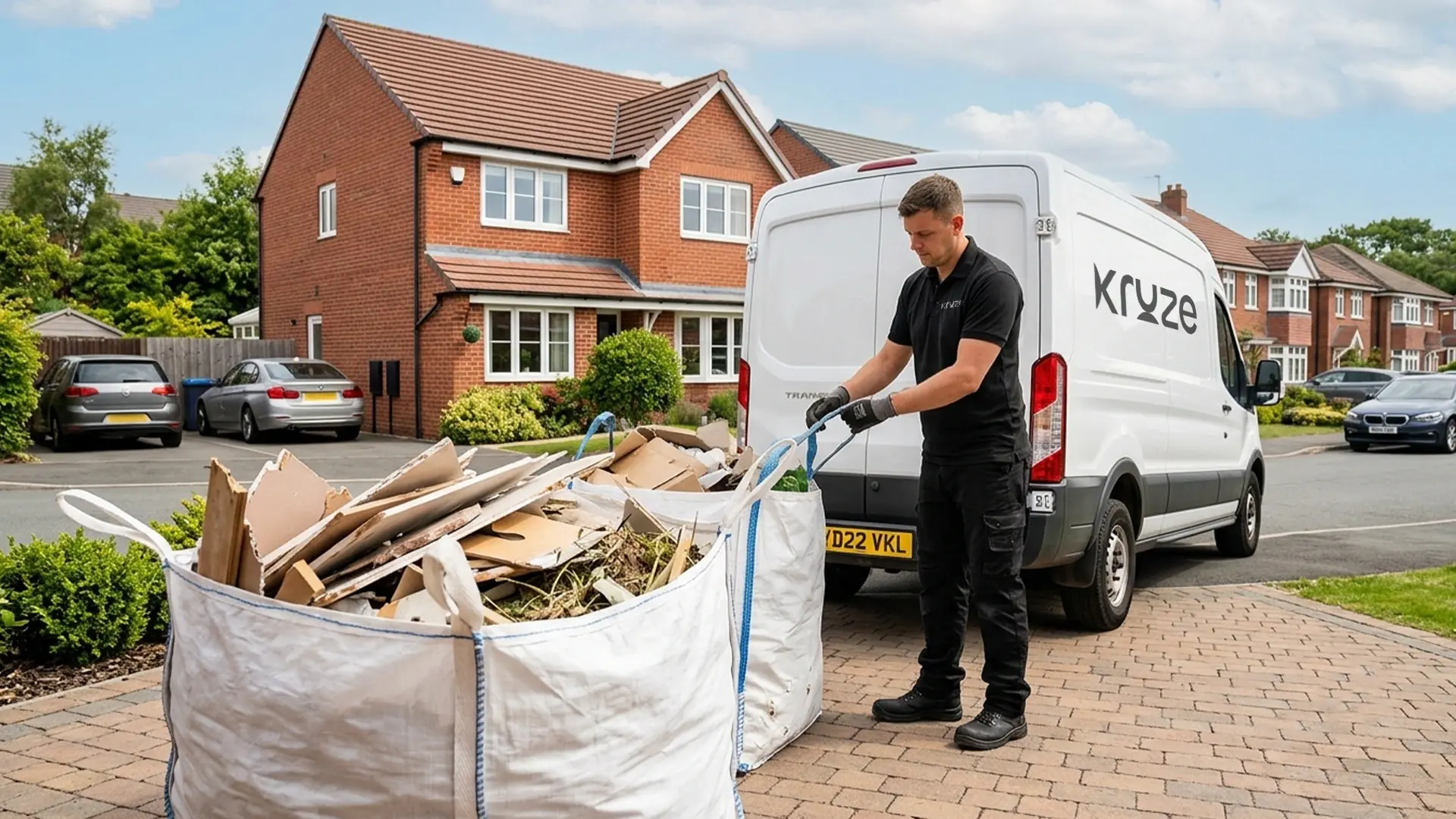 Kruze collecting a filled skip bag from a driveway in West Yorkshire