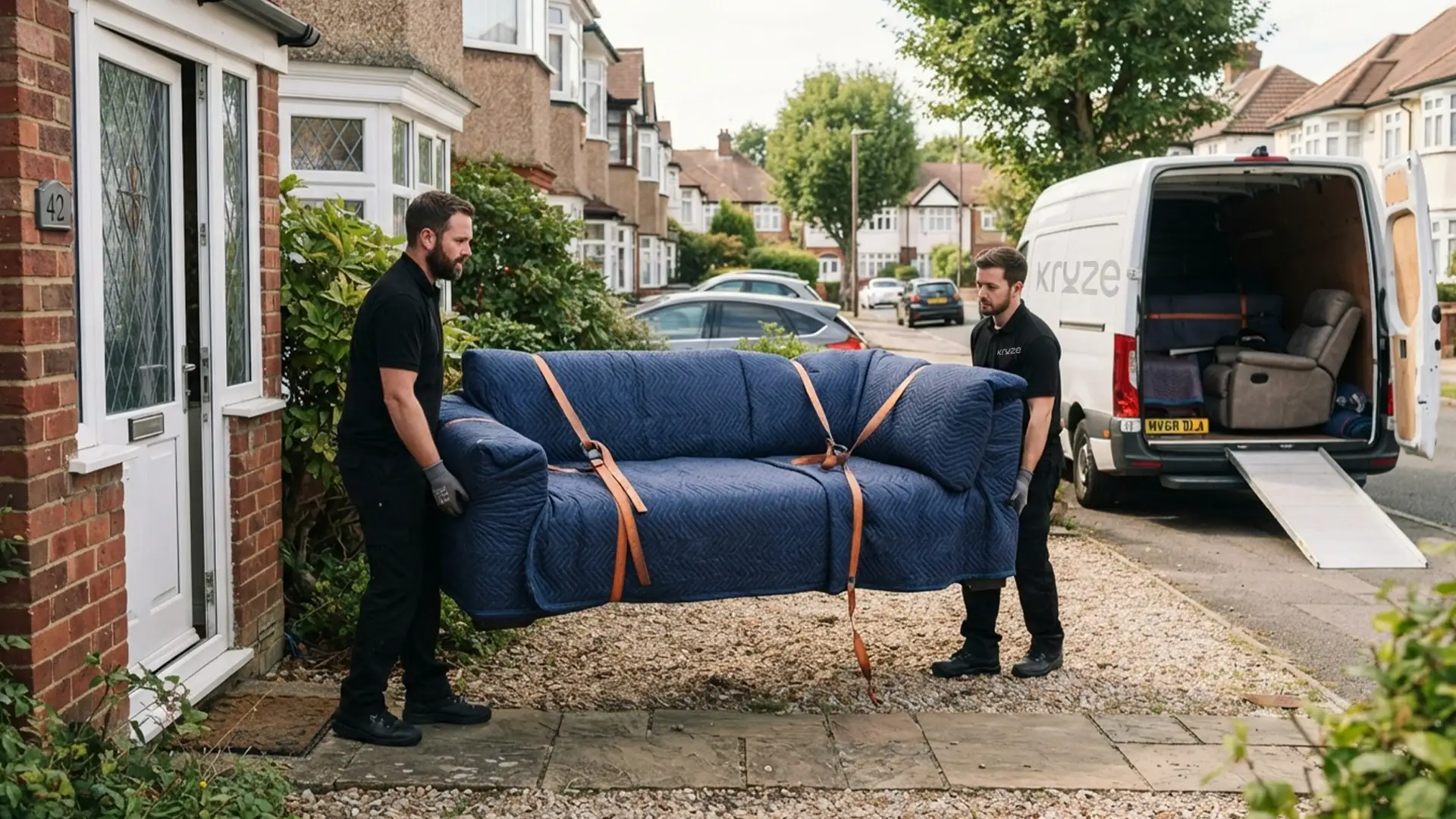 Kruze crew carefully loading a wrapped sofa into a removals van in West Yorkshire