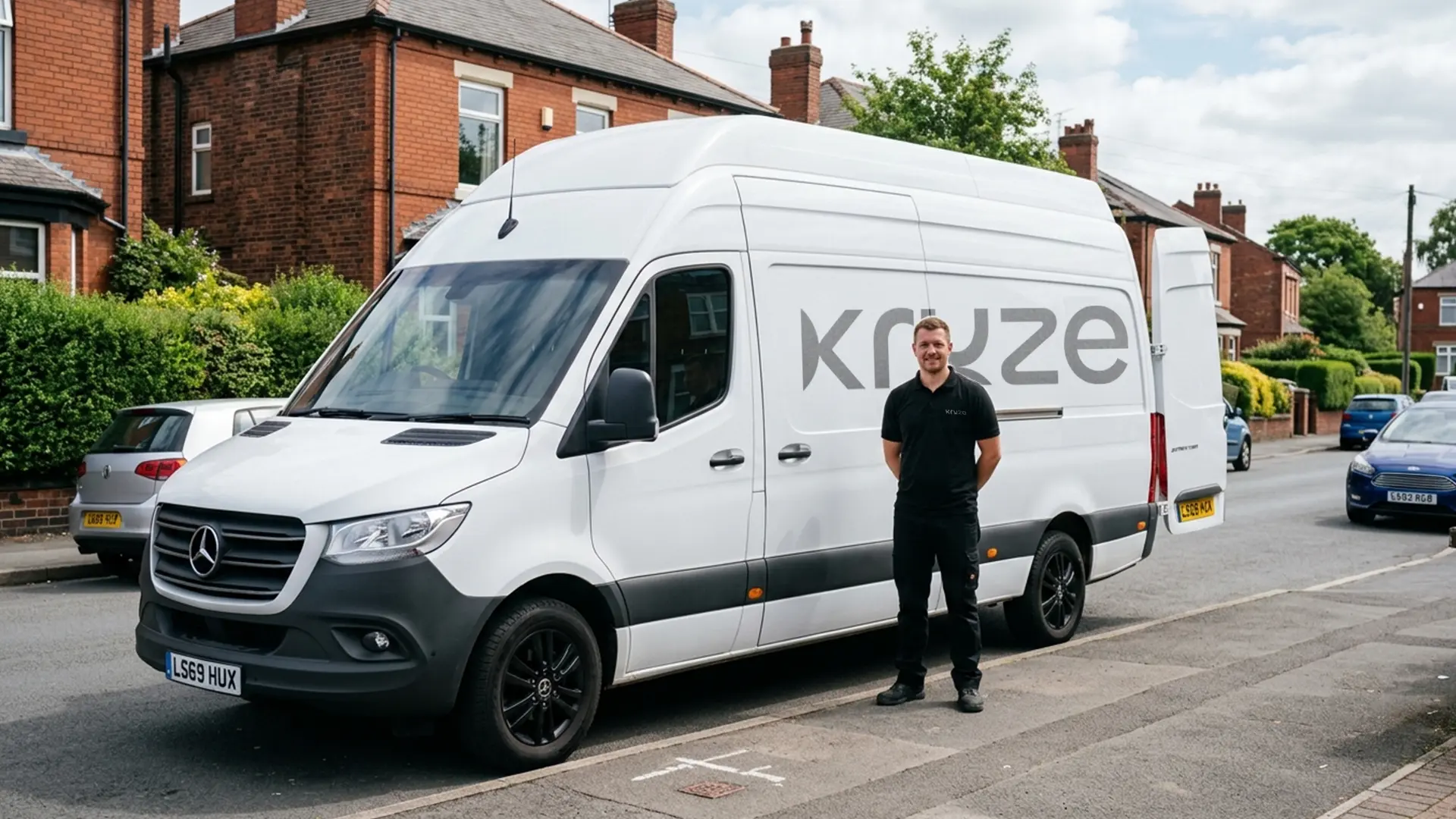 Kruze Mercedes Sprinter LWB van and driver loading in West Yorkshire