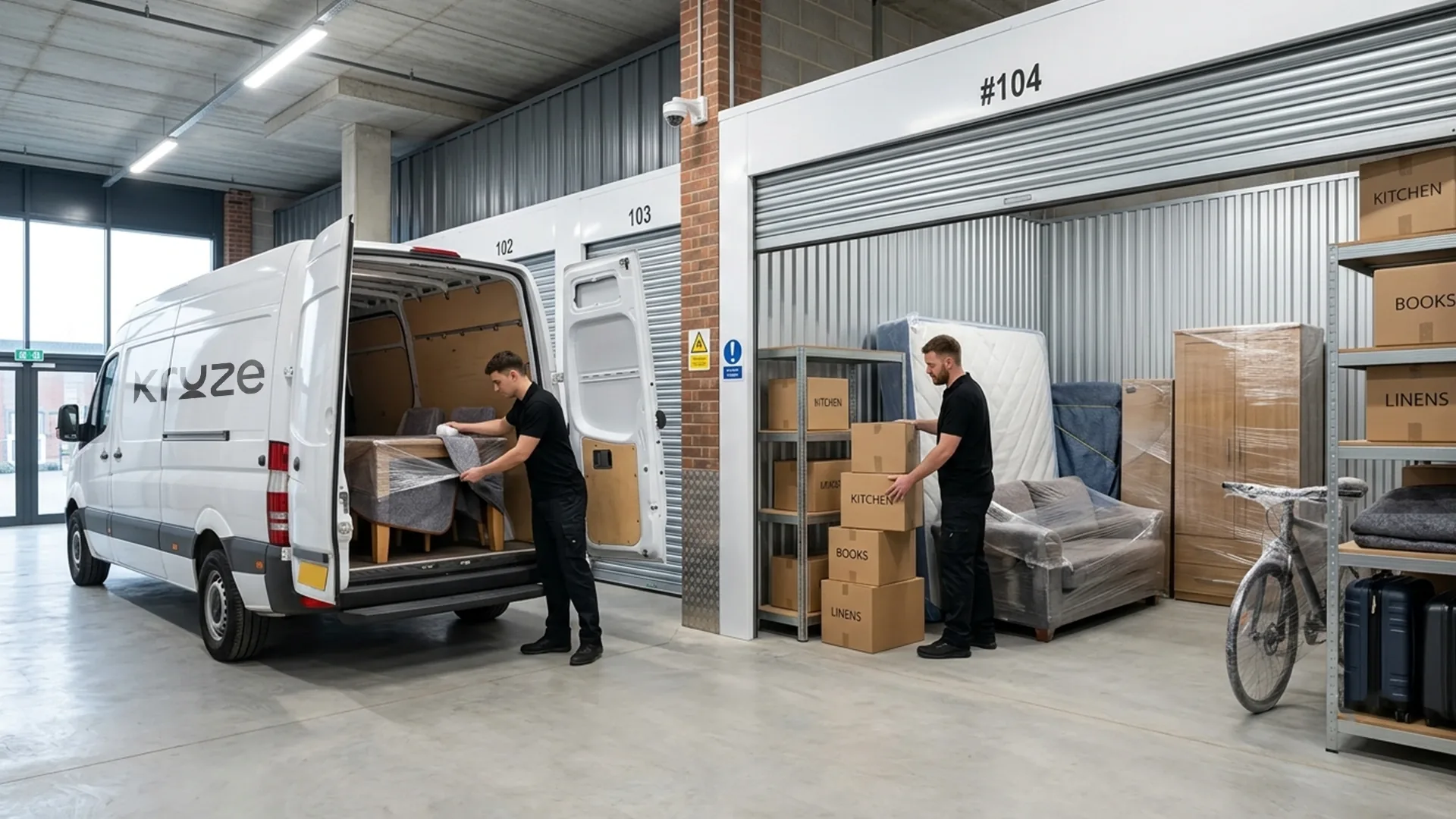 Kruze crew loading boxes into secure storage during a move in West Yorkshire