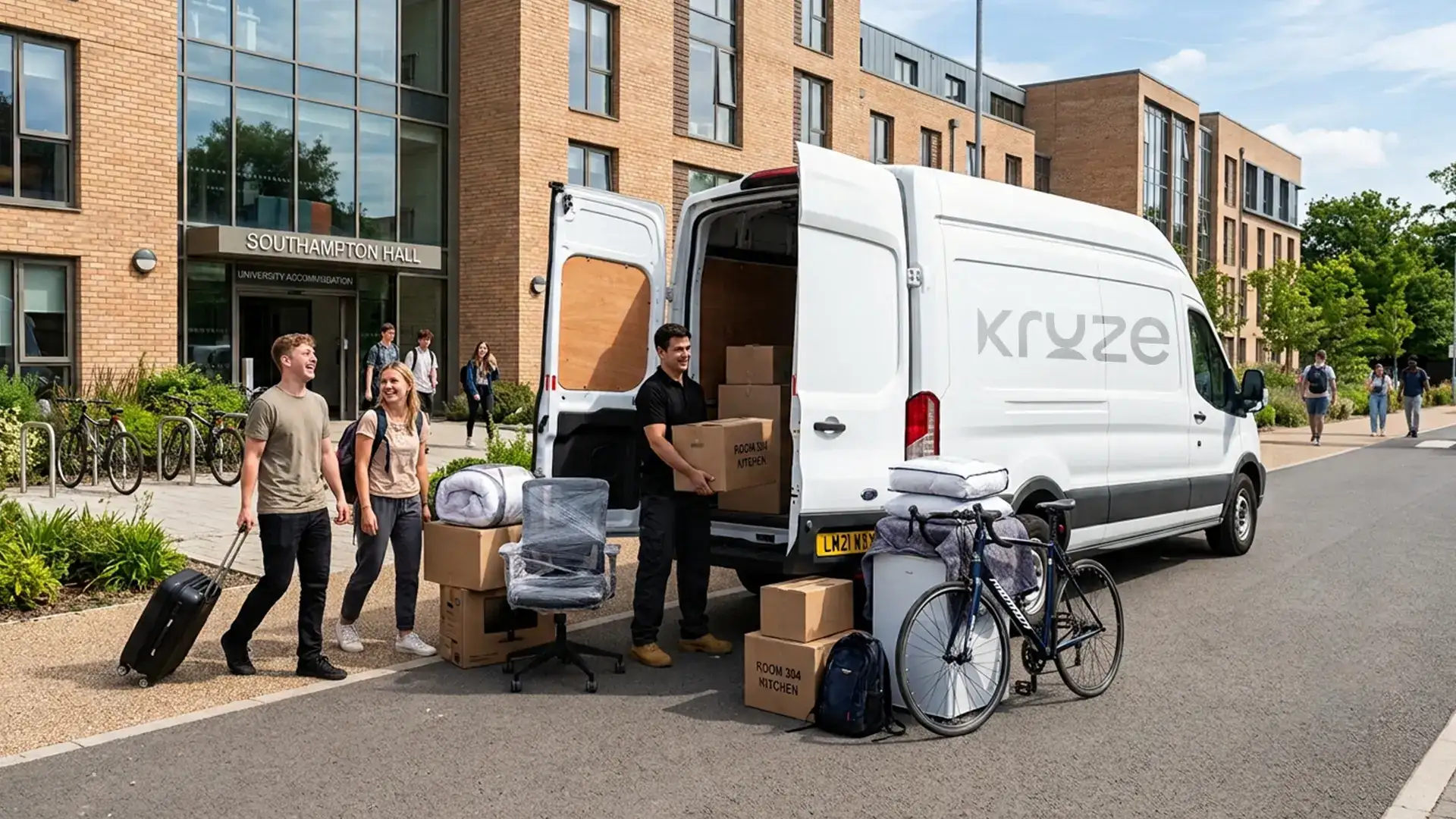 Kruze student removals van loading boxes outside university halls in West Yorkshire