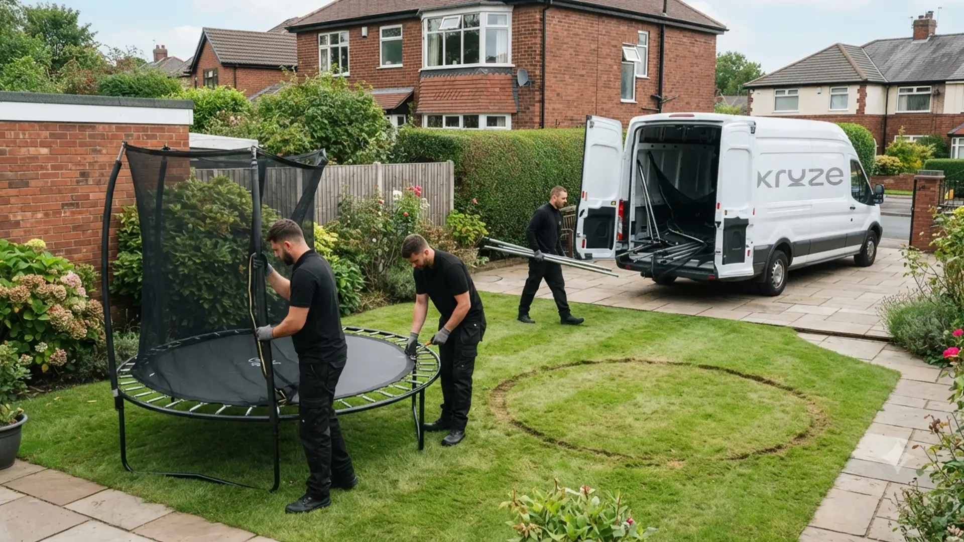 Kruze dismantling and removing an old garden trampoline in West Yorkshire
