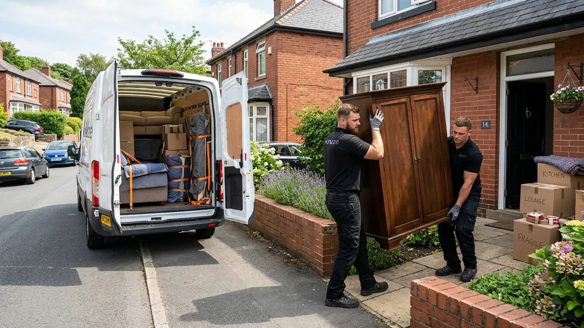 Two Kruze movers carrying a wardrobe to a van in West Yorkshire