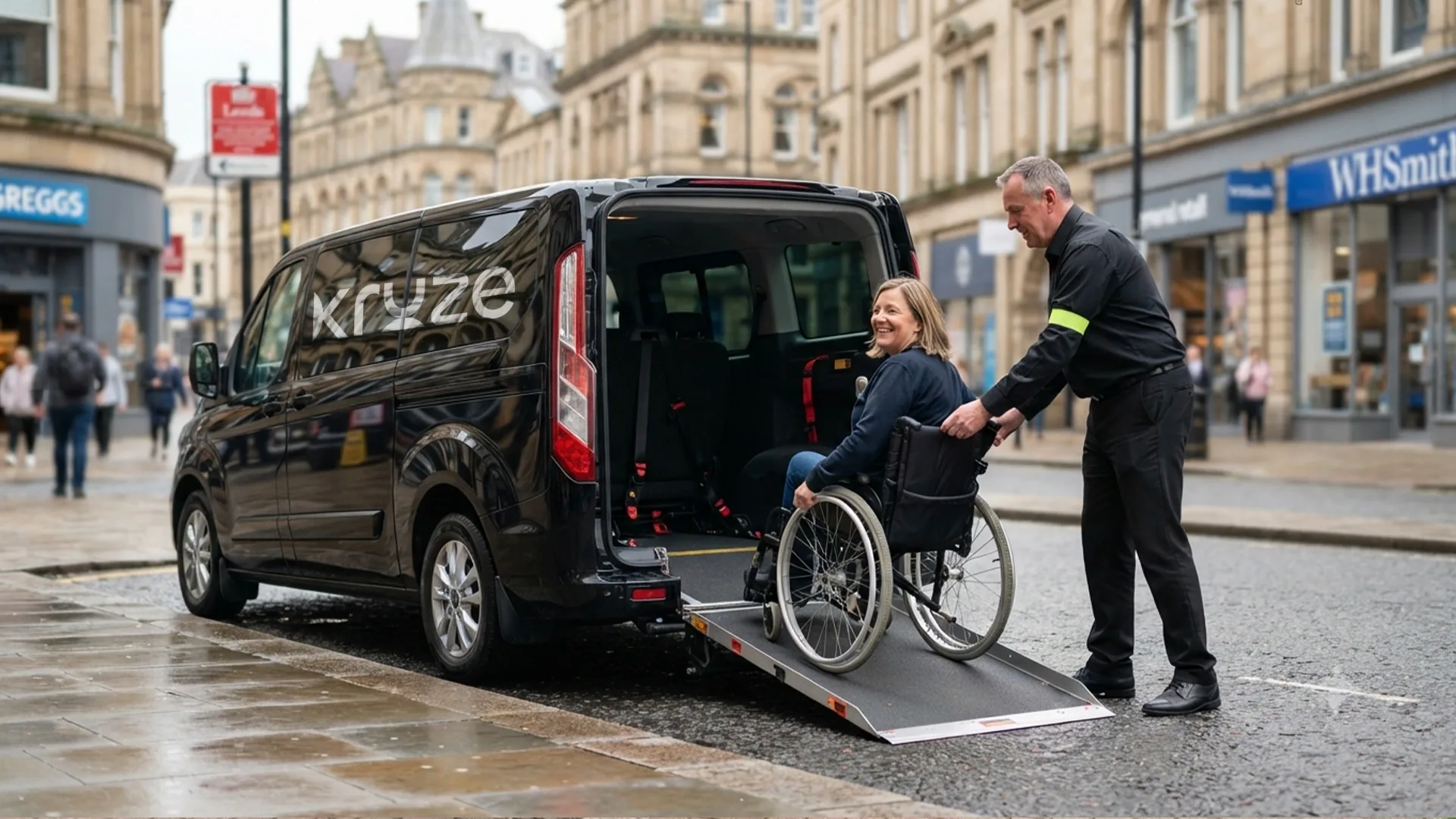 Wheelchair user boarding a ramp-equipped Kruze accessible taxi in Leeds, West Yorkshire