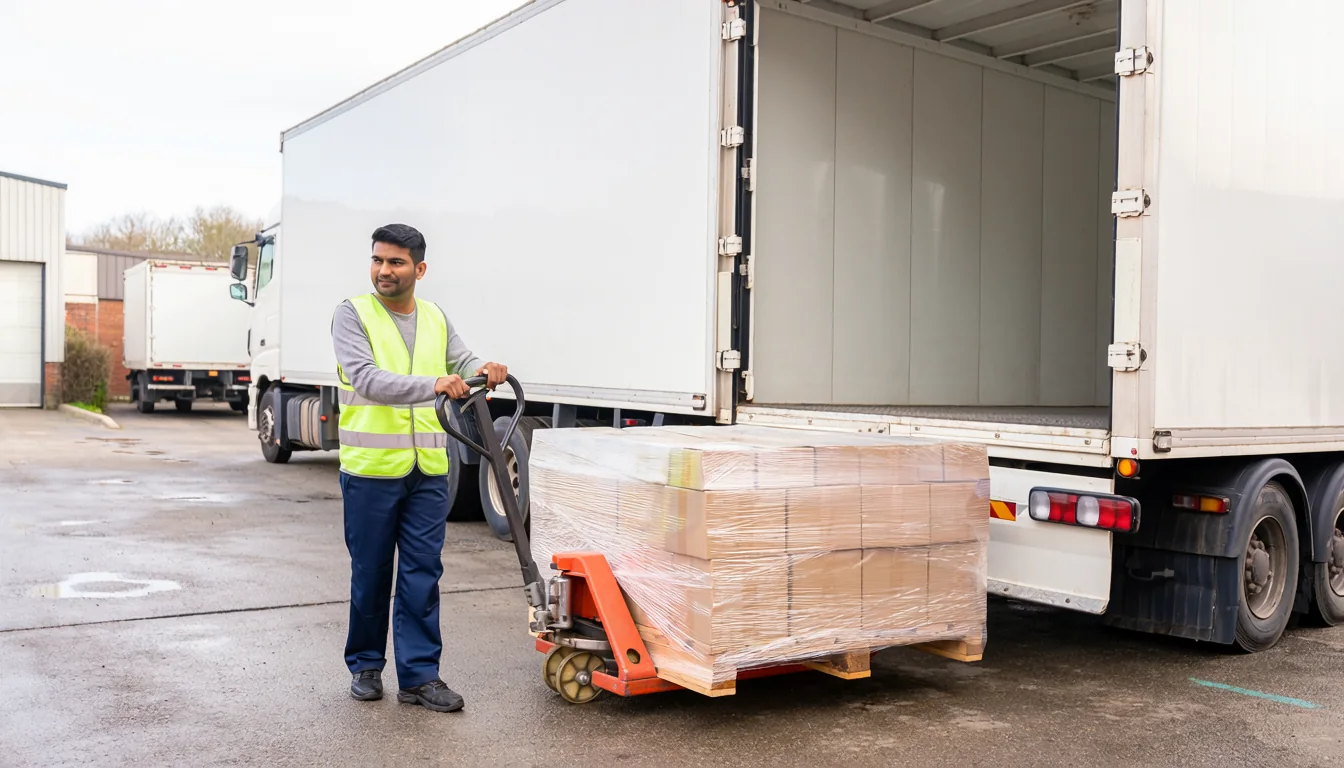 Driver unloading a wrapped pallet from a 7.5 tonne curtain-sider lorry