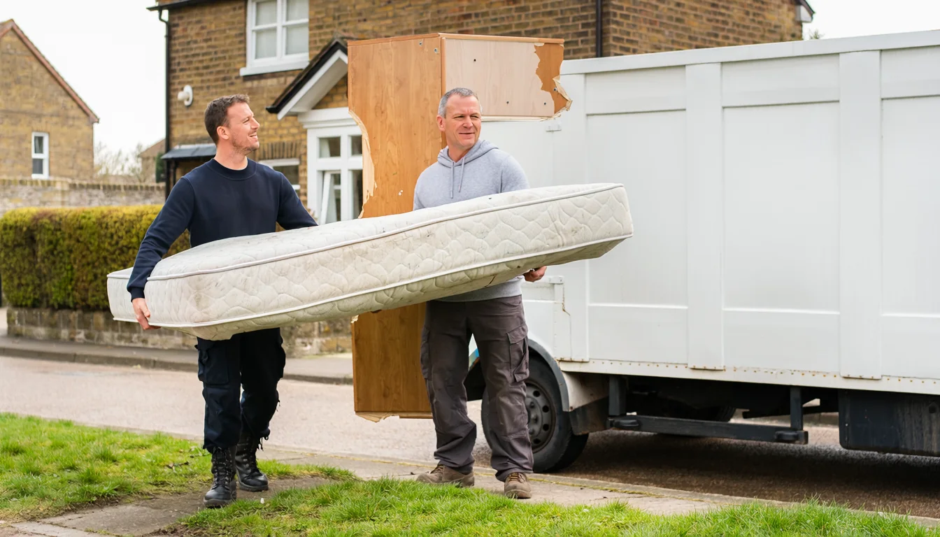 Two workers carrying a mattress and wardrobe panel to a van
