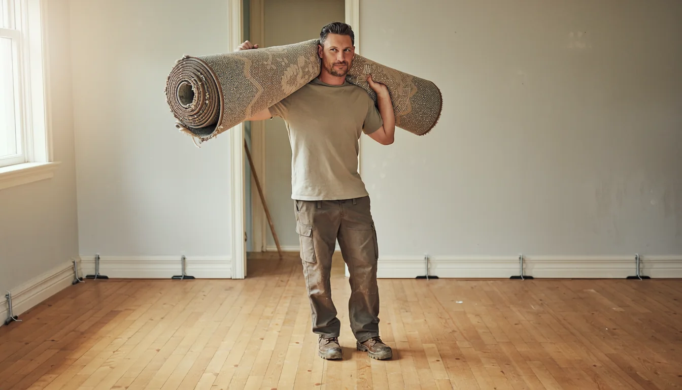 Worker carrying a rolled old carpet out of an empty room