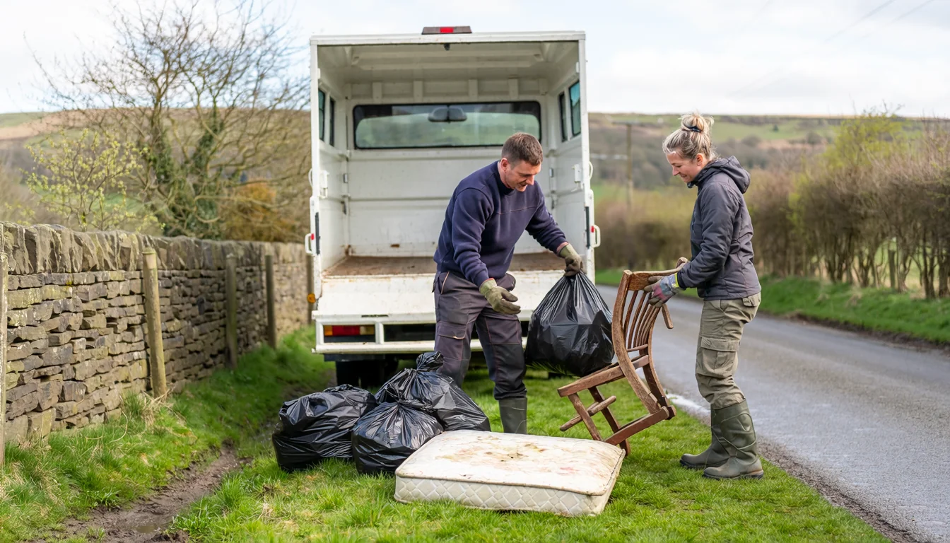 Workers clearing dumped rubbish from a roadside verge into a tipper van