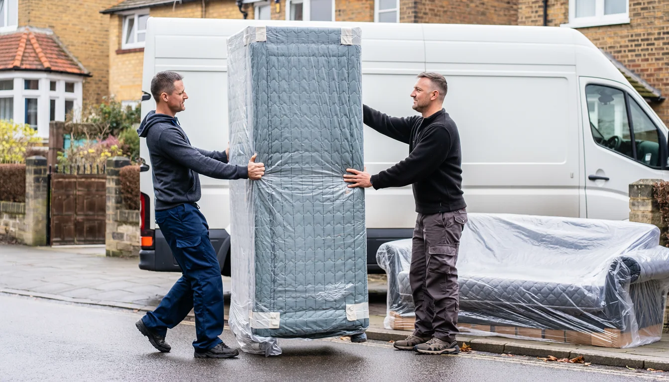 Removal workers carrying wrapped furniture to a Luton van