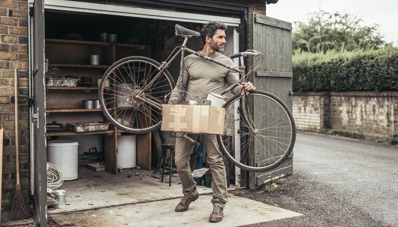 Worker clearing old items out of a cluttered domestic garage