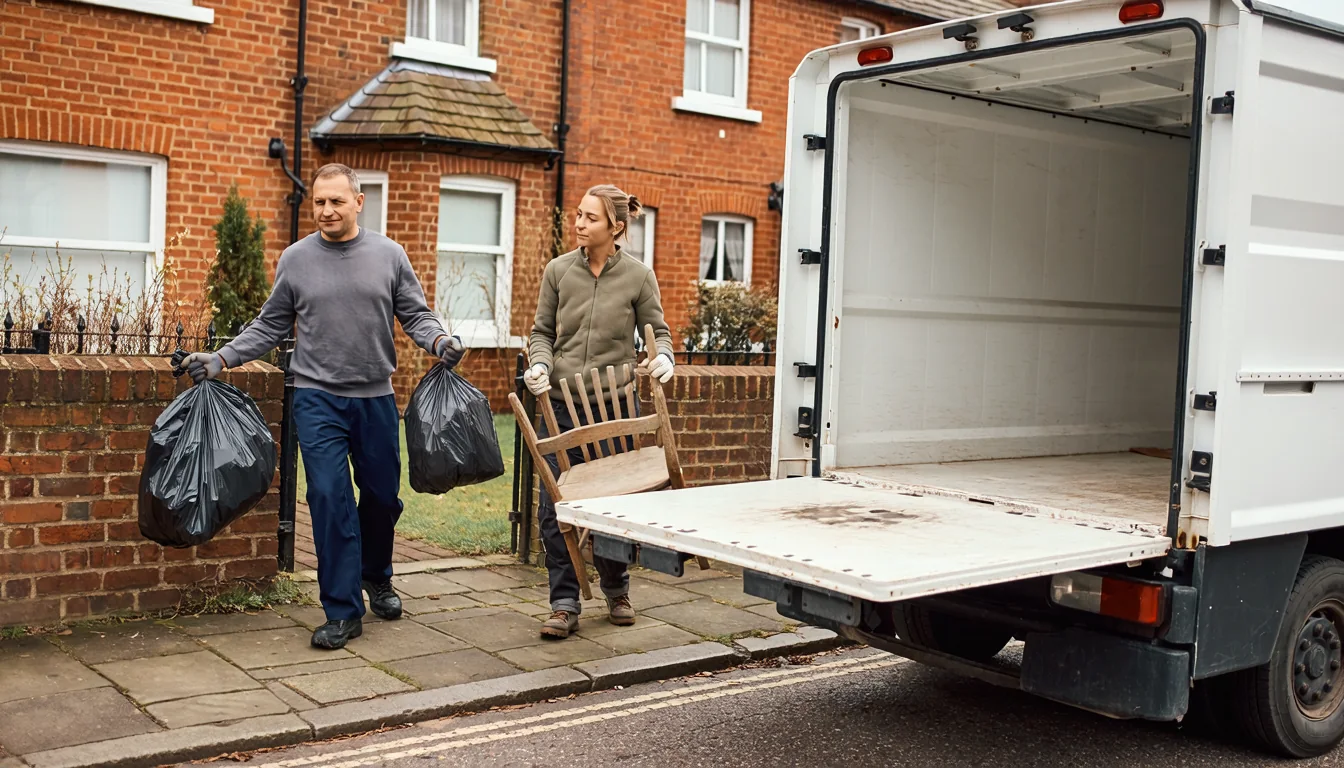 Two workers loading household rubbish into a tipper van