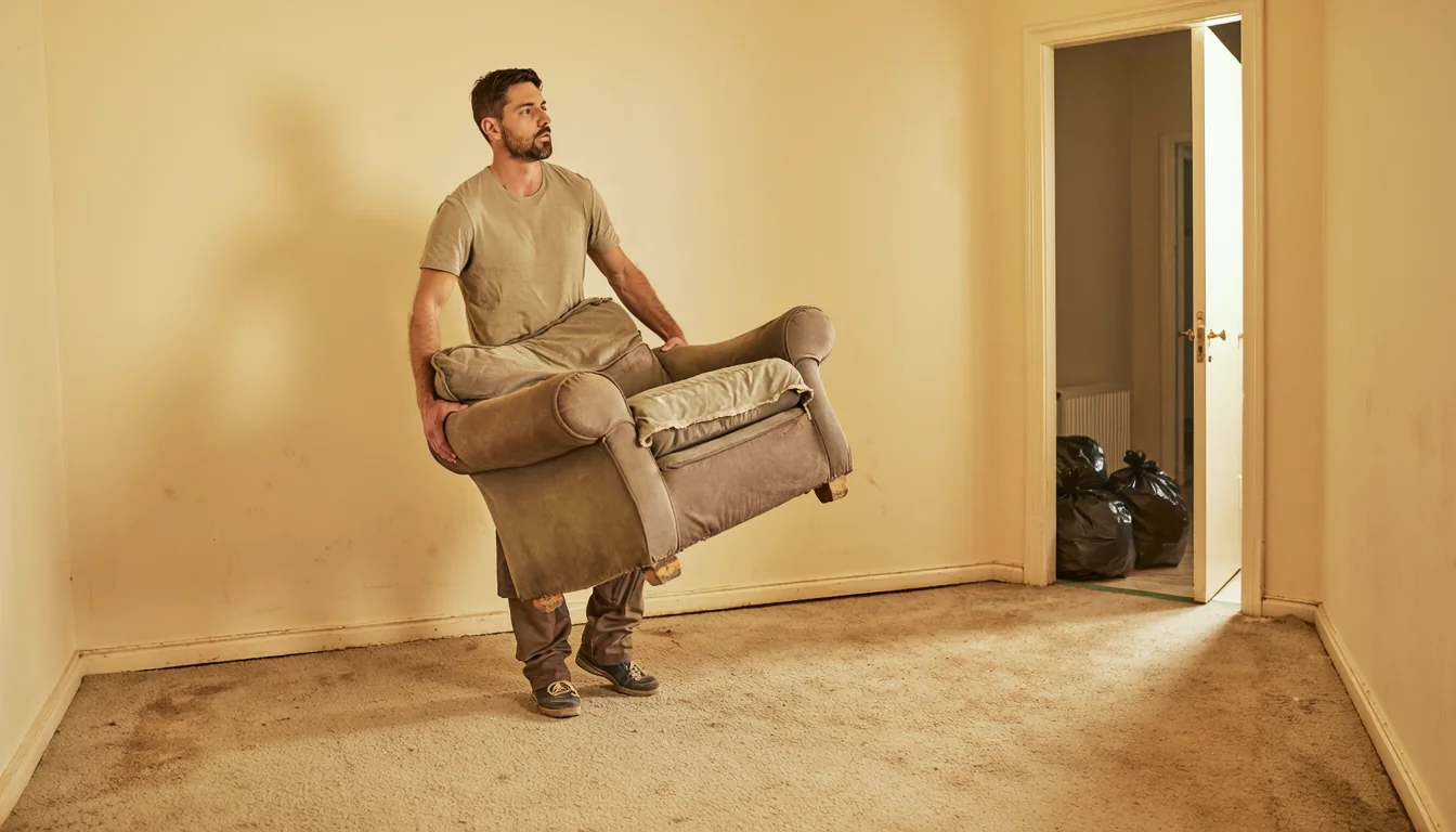 Worker clearing old furniture from an empty rental flat