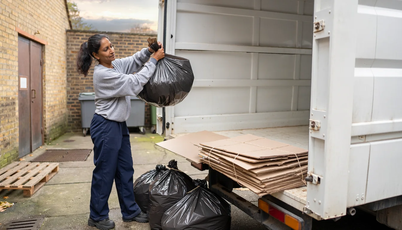 Worker loading commercial waste sacks into a tipper van
