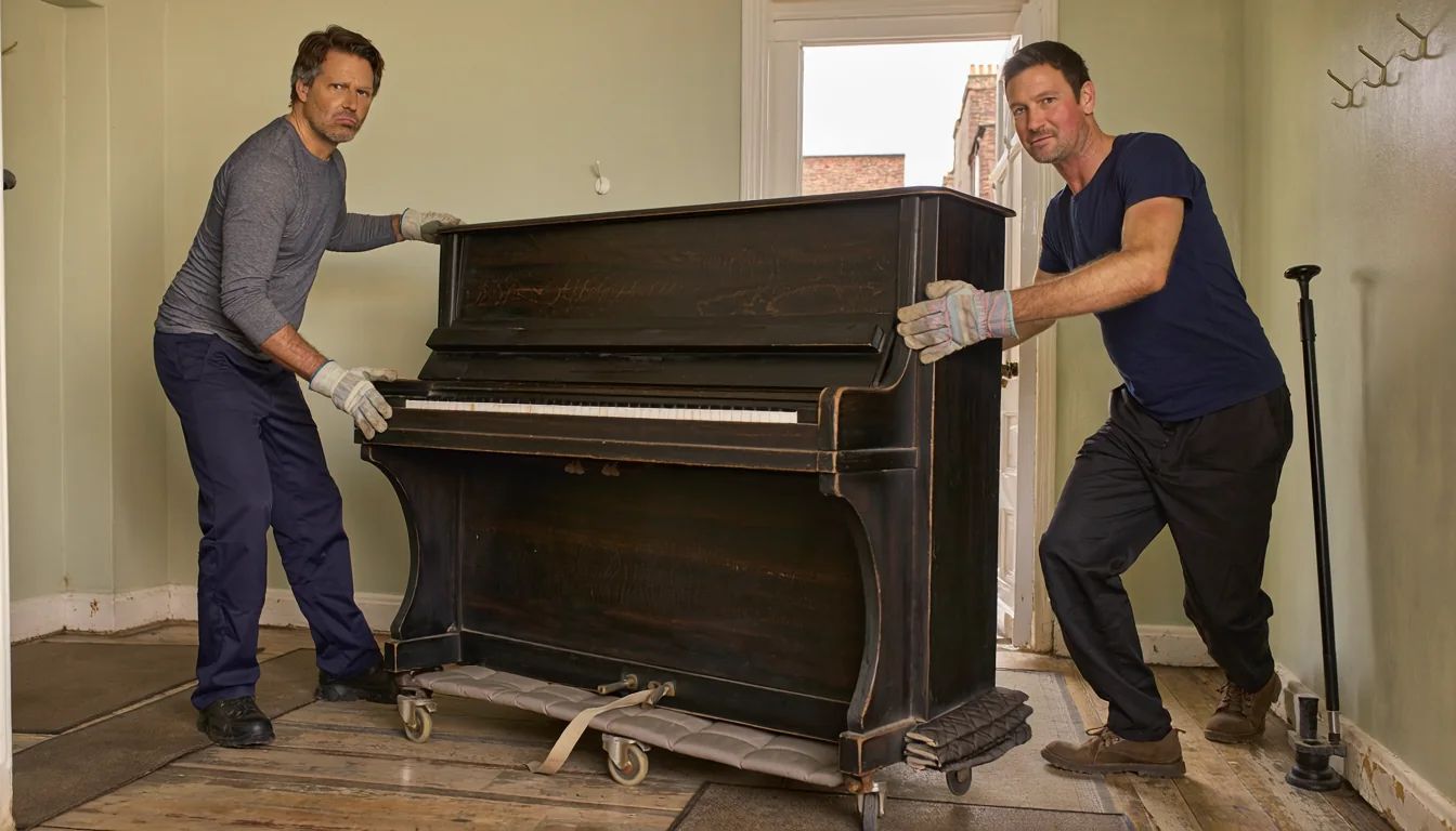 Two workers moving an old upright piano on a dolly