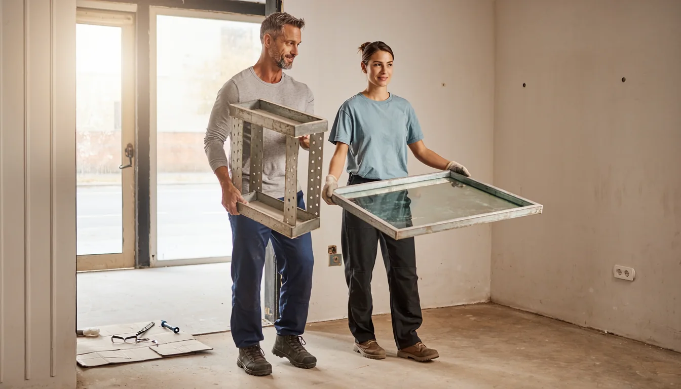 Workers carrying old display shelving out of an empty shop unit