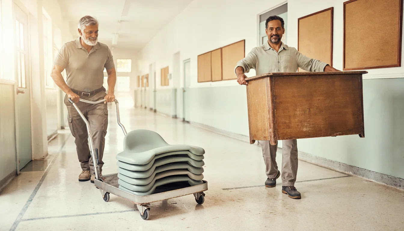 Workers carrying classroom chairs and a desk down a school corridor
