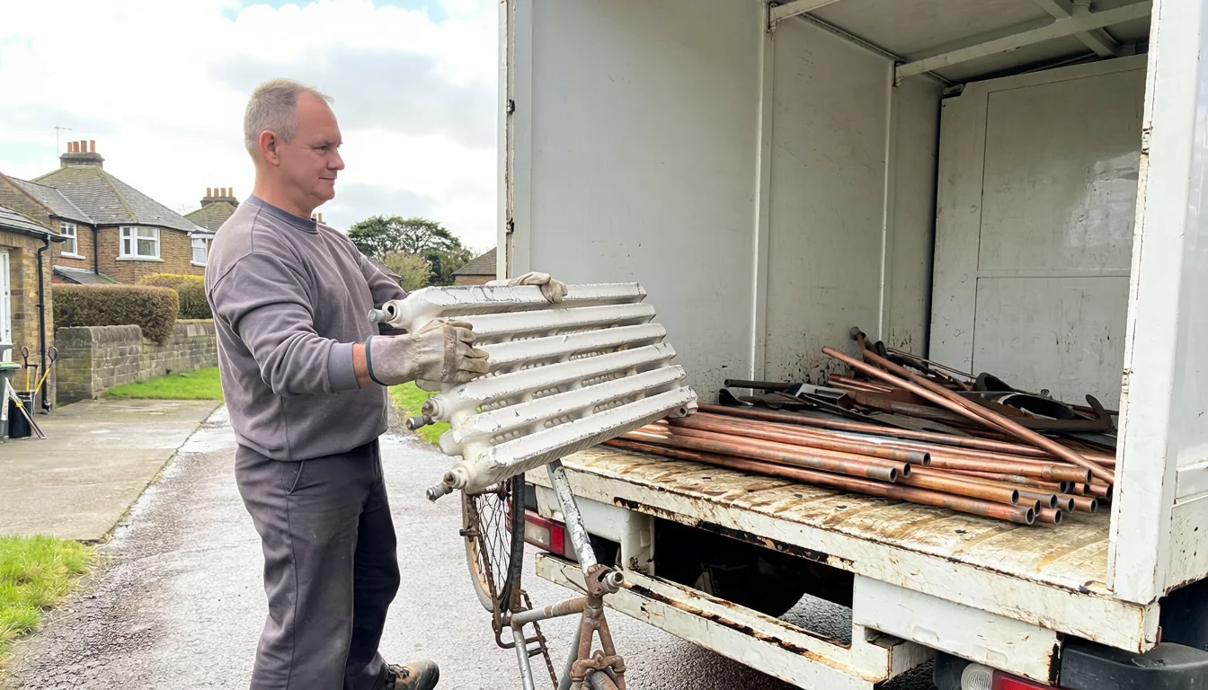 Worker loading old radiators and scrap metal into a tipper van