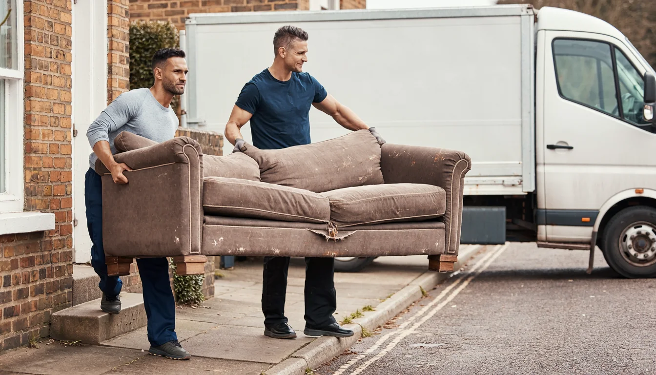 Two workers removing an old sofa from a house