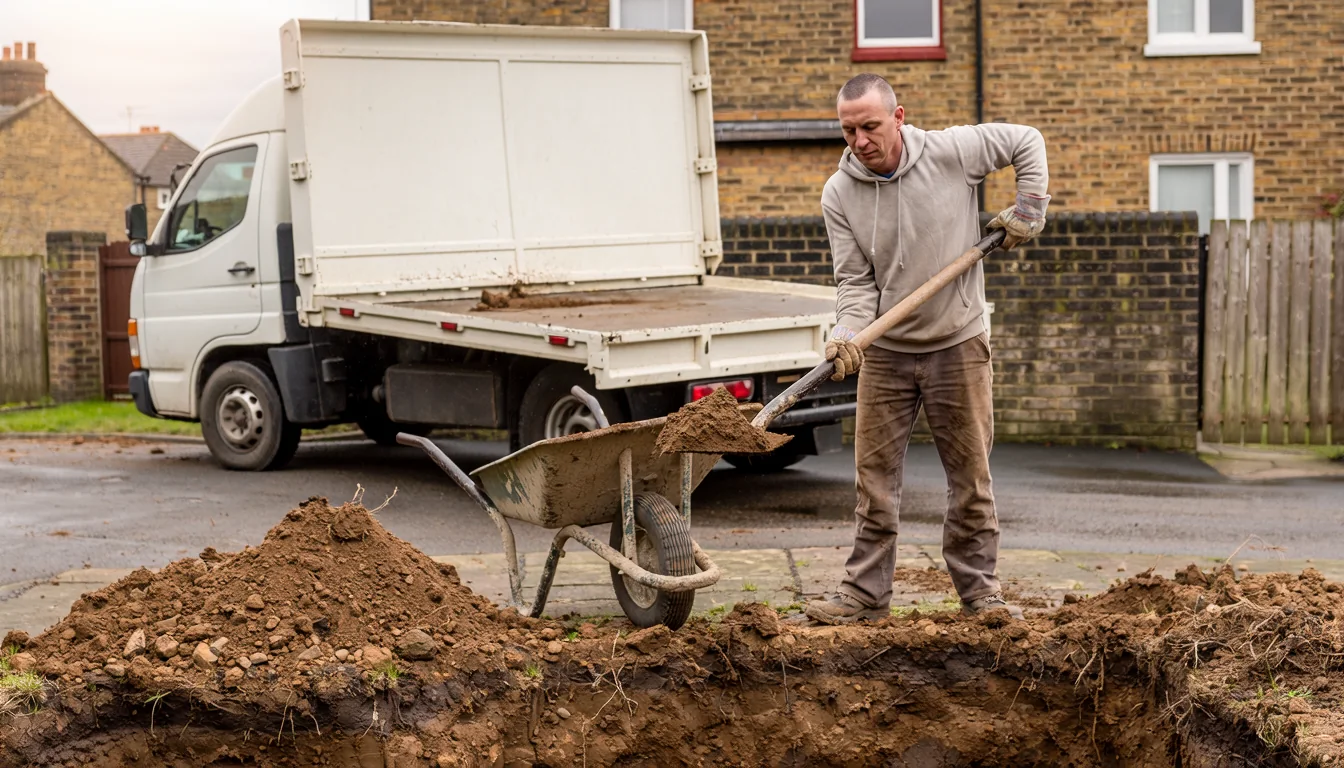 Worker shovelling excavated soil into a tipper van